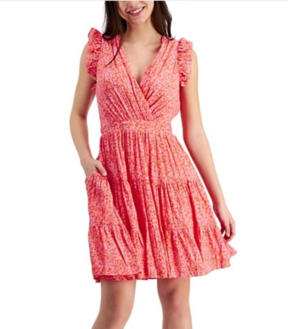 Taylor Small 6 Pink Print V Neck Ruffle Sleeveless Dress Polyester and Lined
